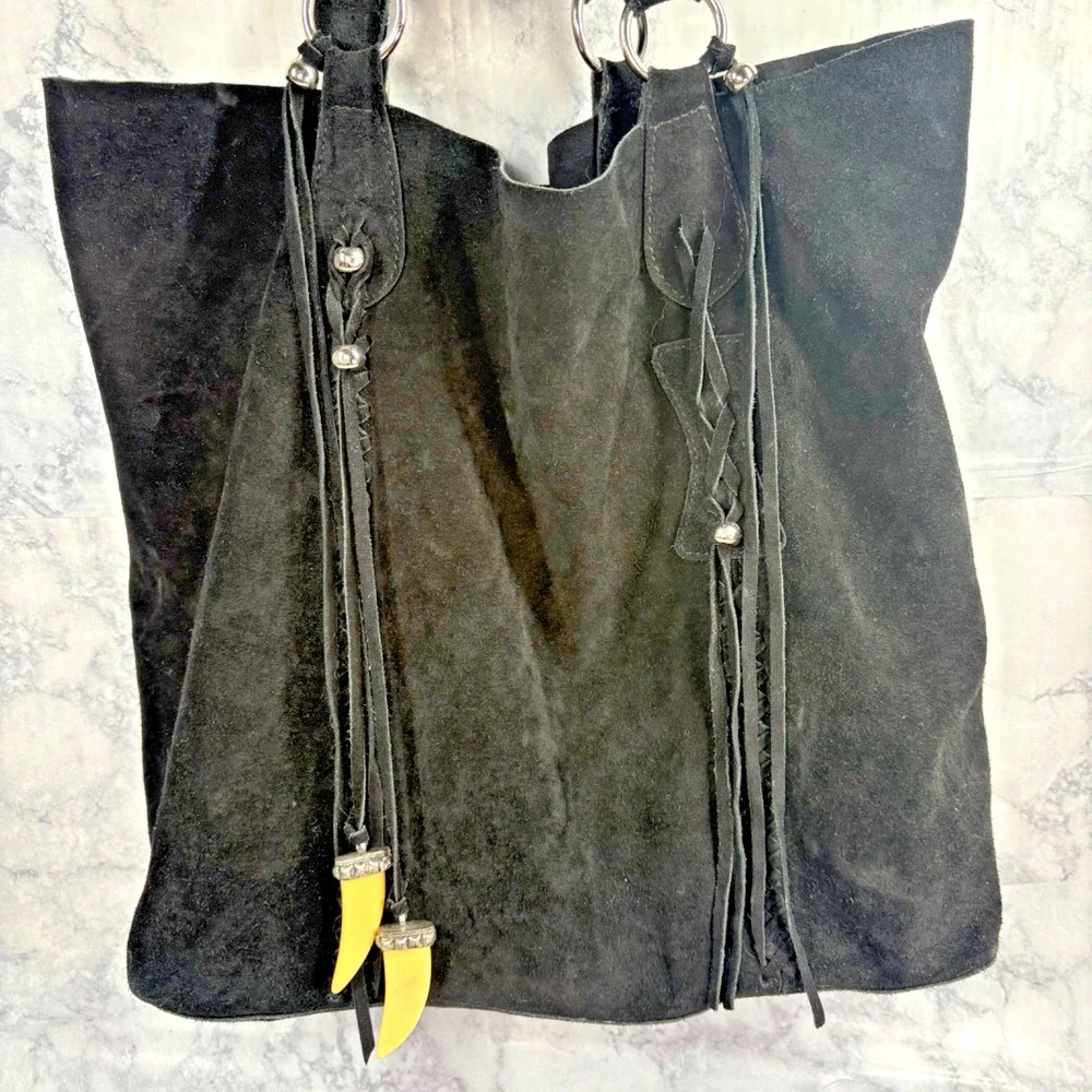 RAZ Women's 100% Genuine Letaher Purse Fringe Detail Black Boho Tote Soft Slouch